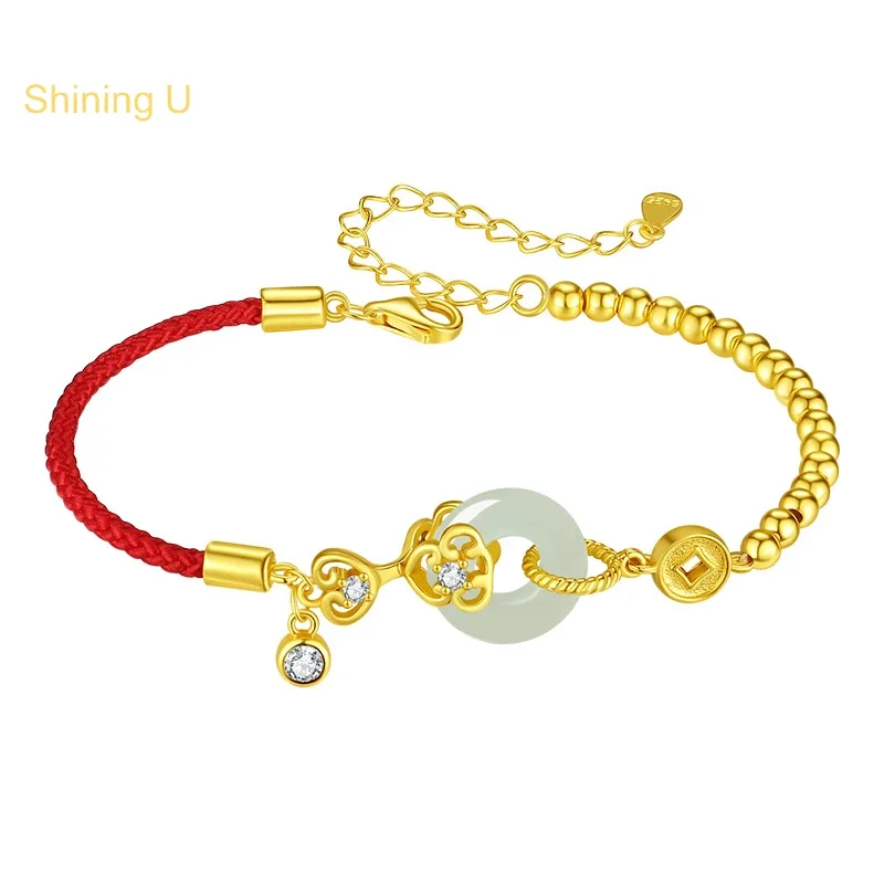 Shining U S925 Silver Hetian Jade Bracelet Redline Peace Buckle New Chinese Style Fine Jewelry Gift