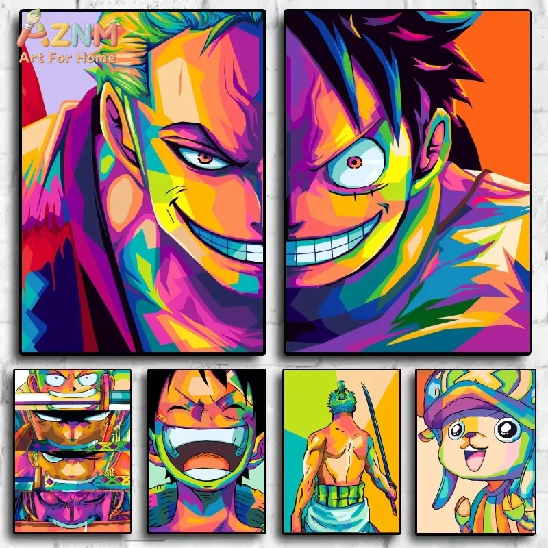 AZNM One Piece Luffy Zoro Chopper Colorful Pop Geometric Anime Canvas Wall Art Character Portrait Print Unframed Canvas Painting