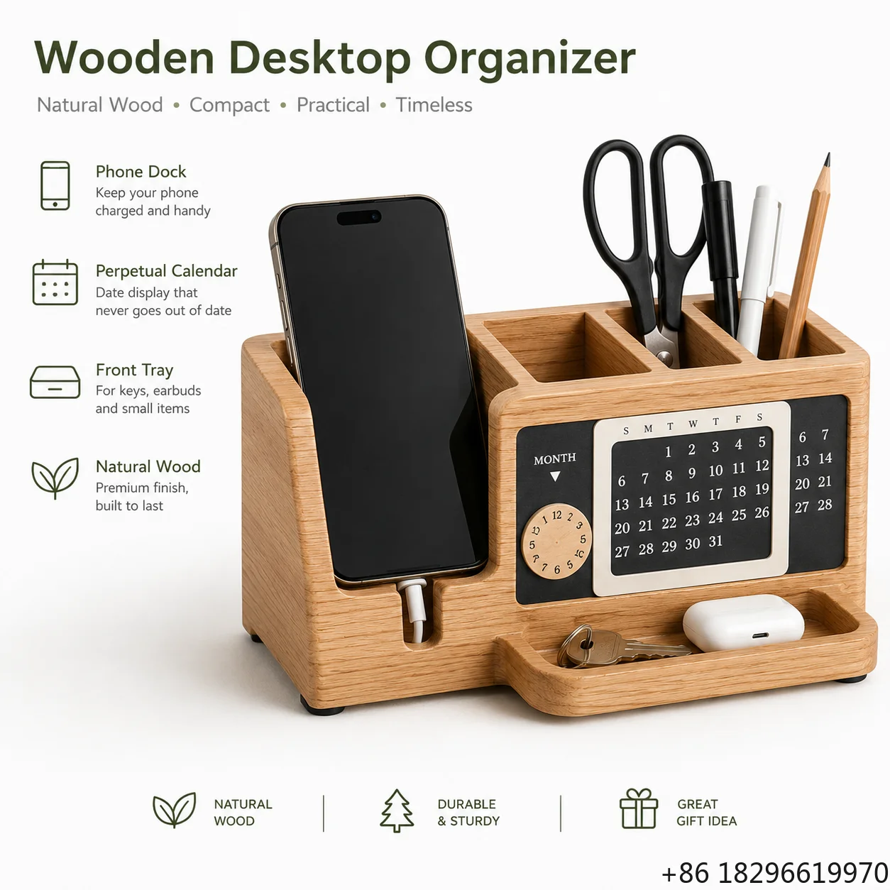 Customized Wooden Desktop Living Room Organizer Perpetual Calendar Phone Dock Pen Holder Front Tray Multi-Purpose Tools Table
