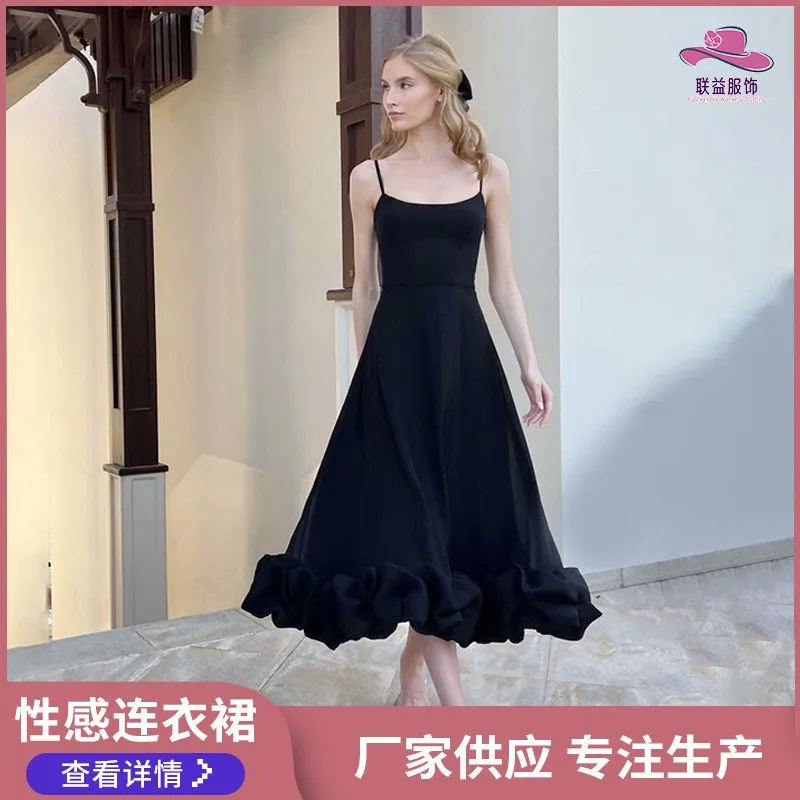 

Summer White Dress Woman Elegant Party Sleeveless Dresses Spaghetti Strap Ruffle Hem Maxi Dress Black A Line Skirt Evening Dress