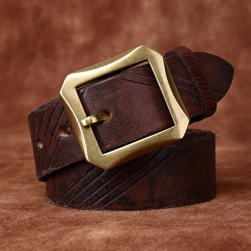 Vintage men's belt vegetable tanned top layer cowhide men's genuine leather brass buckle trendy personality niche belt