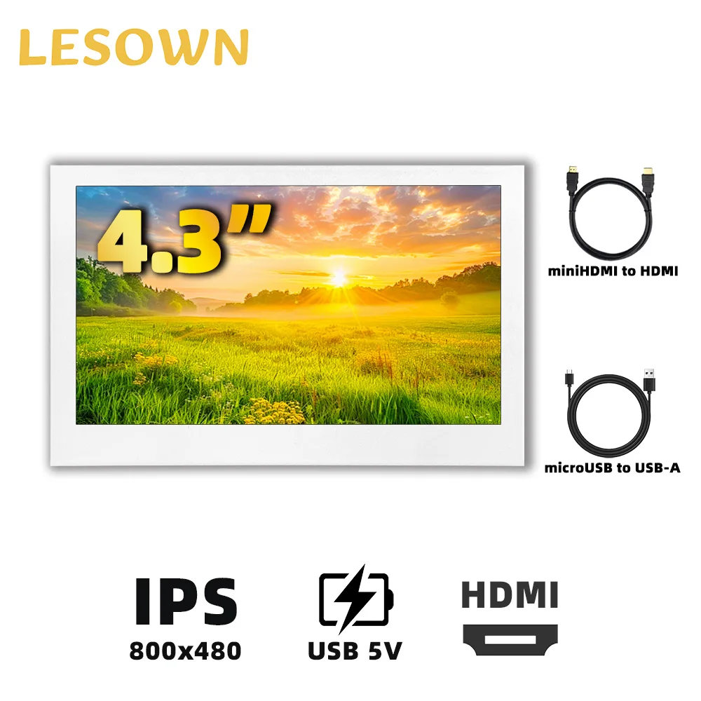 

Монитор LESOWN Raspberry Pi 4,3 дюйма, мини-внешний экран, 800x480, IPS, тонкий портативный дисплей для ноутбуков, игровых консолей, питание от USB
