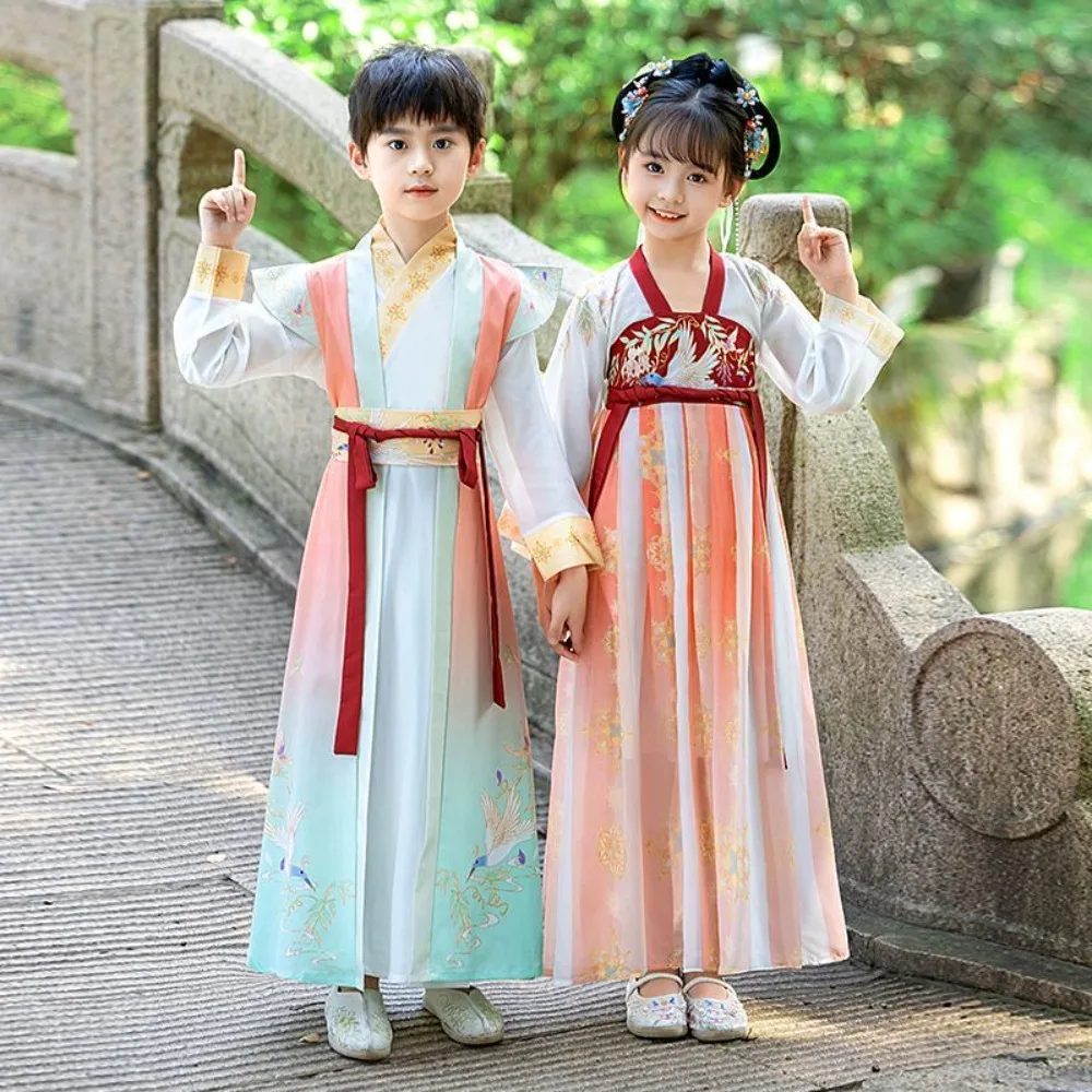 

Весенне-осенний детский комплект ханьфу — костюм Тан для мальчиков и девочек, традиционное китайское платье ученого для выступлений, от 3 до 12 лет