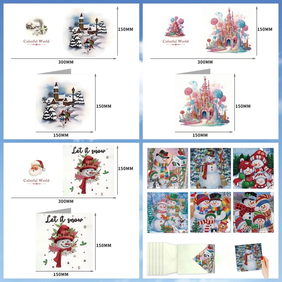 6 DIY diamond-painted art sets of Christmas-themed greeting cards, with unique designs, expressing blessings and wishes.