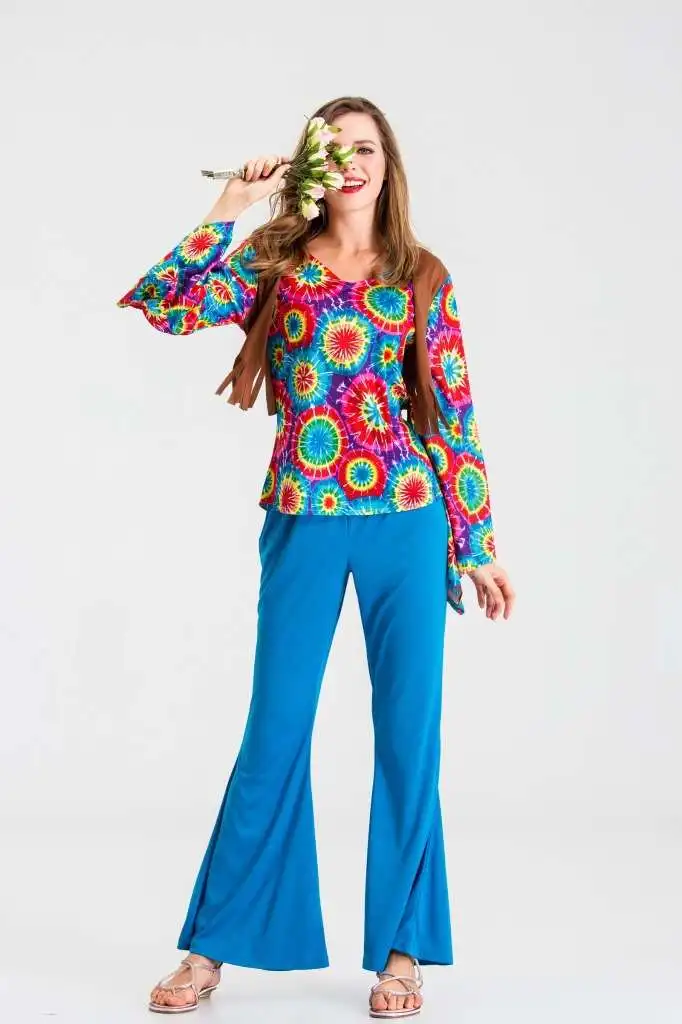 Halloween Fashion Retro 70s Girl Floral Print Blue Disco Suit Beatles Stage Show Game Performance Uniform Old Fashioned Costume