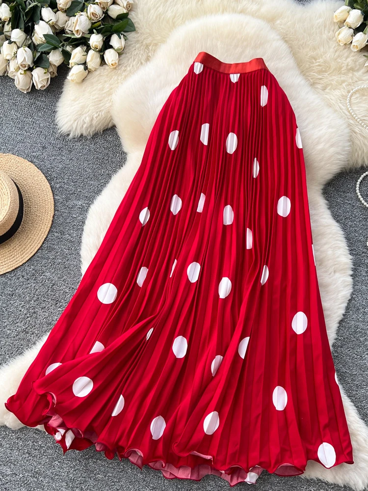 여성용 한국 스커트 도트 프린트 하이 엘라스틱 웨이스트 A라인 플리츠 미디 길이 휴가 스타일 출퇴근용 스커트 여성용 SK085