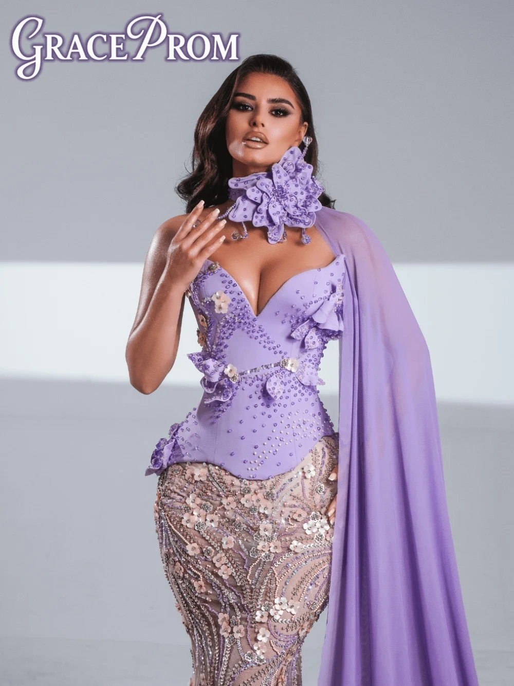 

Date Night Vibrant 3D Floral Beaded Mermaid Evening Dress 2026 Playful Sweetheart Neck Chiffon Cape Floral Choker Gown فسات