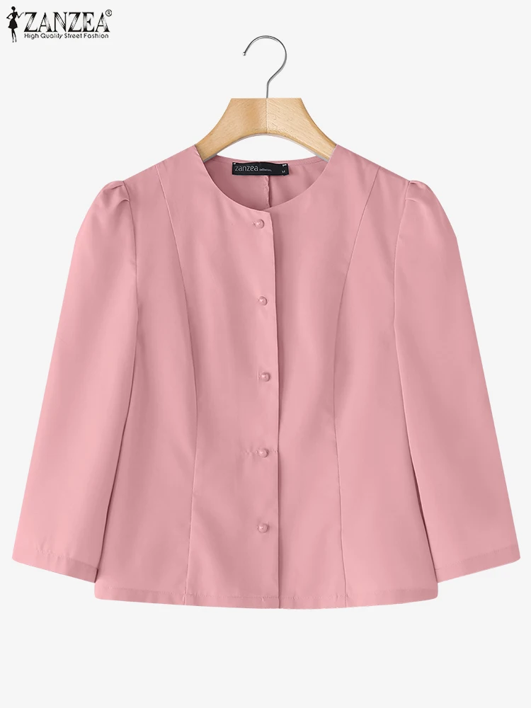 

Women Blouses ZANZEA Elegant Office Lady Shirts Autumn 2025 Casual 3/4 Puff Sleeve Solid Color Tunic Tops O-Neck Fashion Blusas