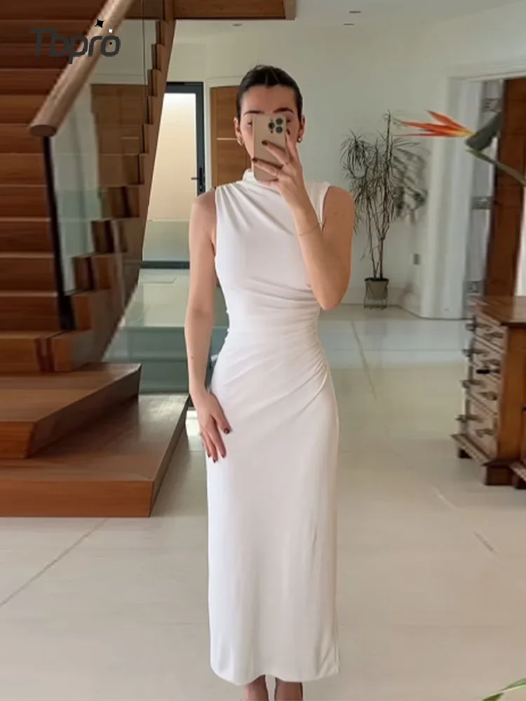 Elegante Chique Witte Mouwloze Jurk Voor Vrouwen Mode O-Hals Geplooide Bodycon Midi Jurken 2024 Zomer Vrouwelijke Feestclub Gewaden