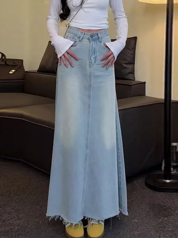 Luz azul cintura alta denim a linha saia feminina emagrecimento longo sle casual primavera outono nova chegada saias