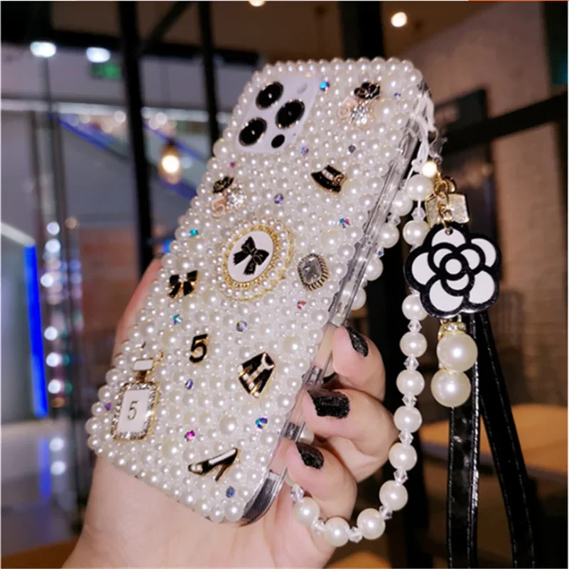 Luxury Bling Diamond Rhinestone Pearl Flower Crystal Case, Phone Case for iPhone 16Pro 15Plus, 14, 13, 12 Mini, 11 Pro Max Cover