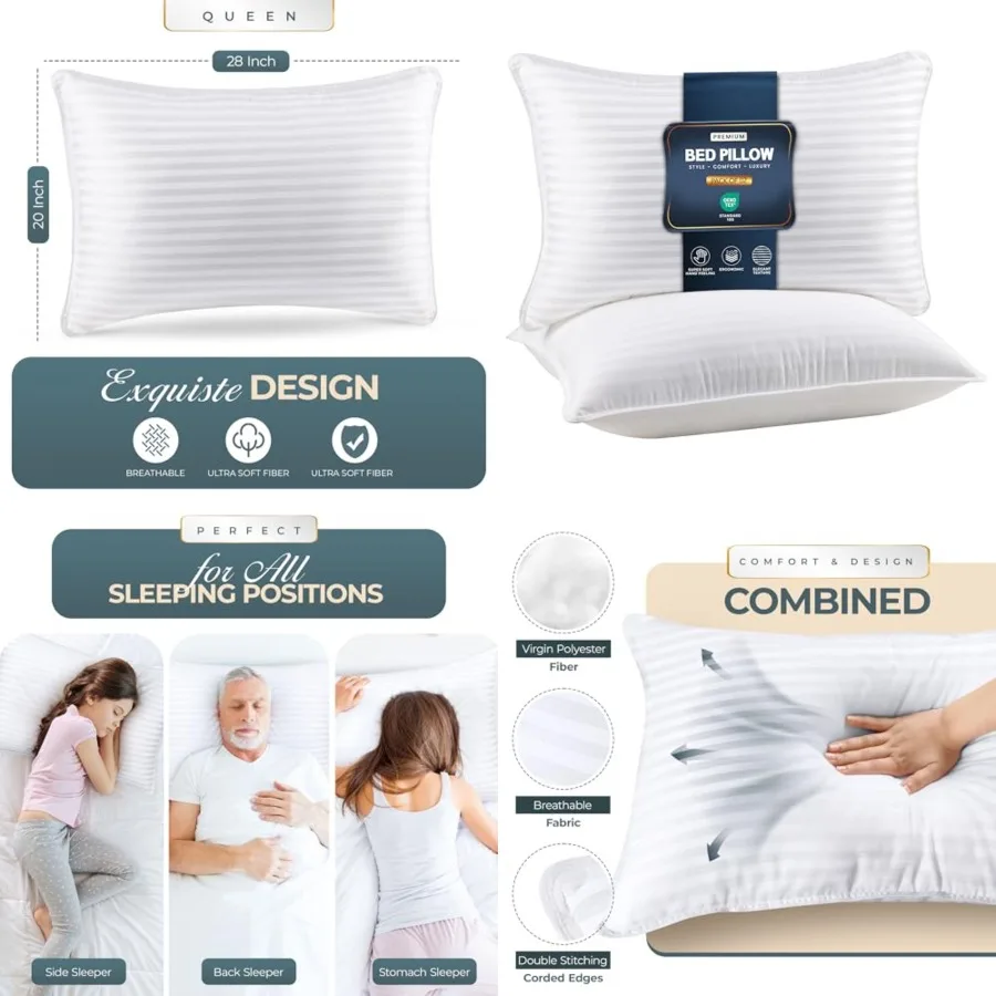 

Bed Pillows for Sleeping Queen Size White,Set of 2, Down Alternative Pillow for Sleeping, Cooling Hotel Quality Pillow Set for