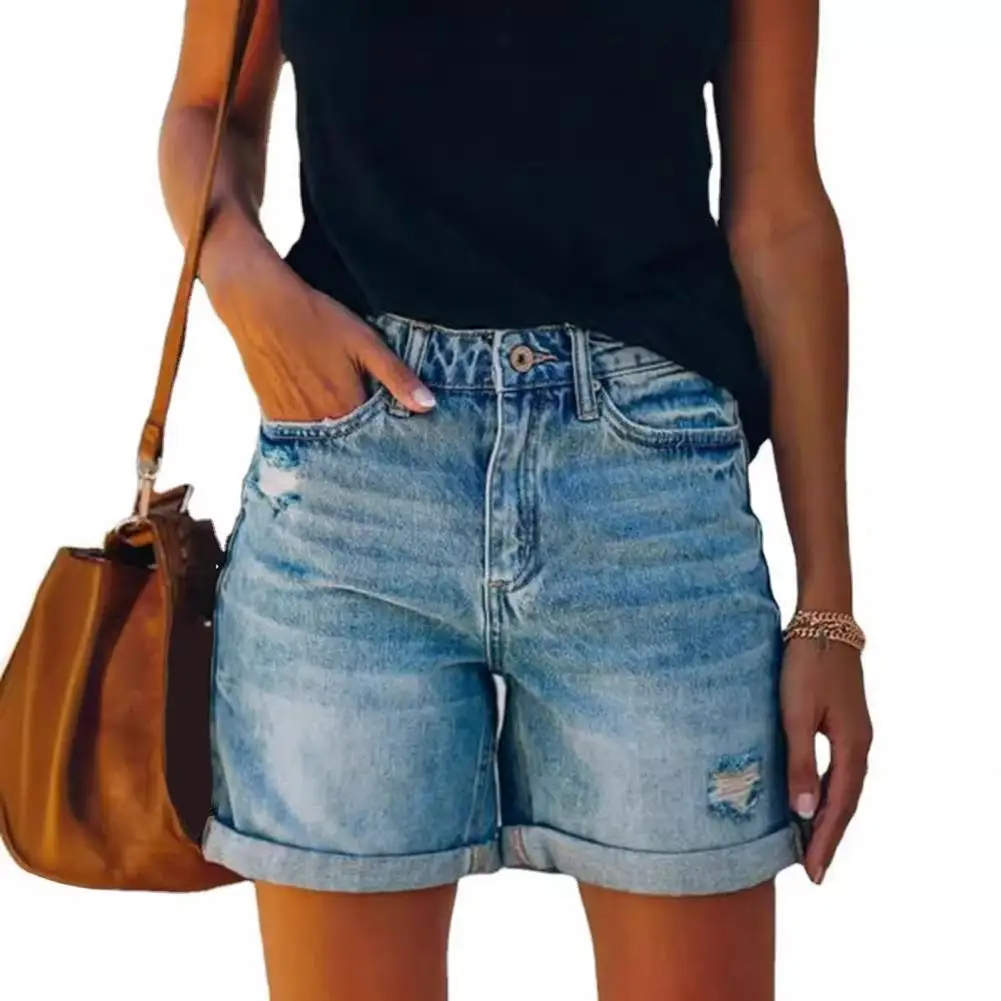 Fashionable Buttoned Denim Shorts Jeans Shorts Women's High Waisted Distressed Denim Shorts with Pockets for Summer