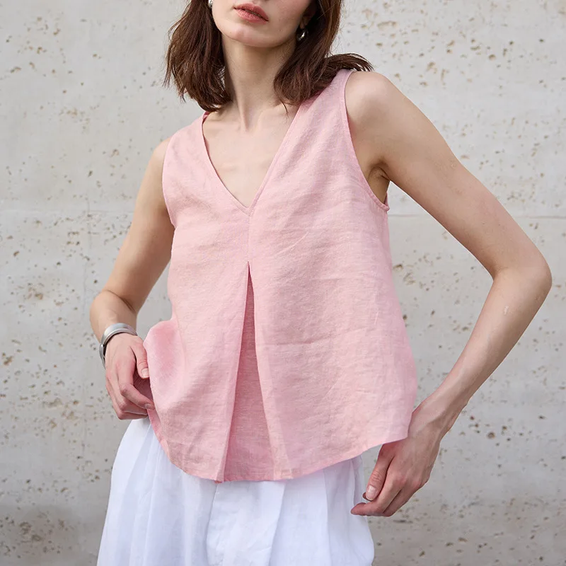

Retro 100% Linen Tops Women Sleeveless Summer Wear Two Sides Casual Loose High Street Fashion Beach Holiday Office Lady Shirts