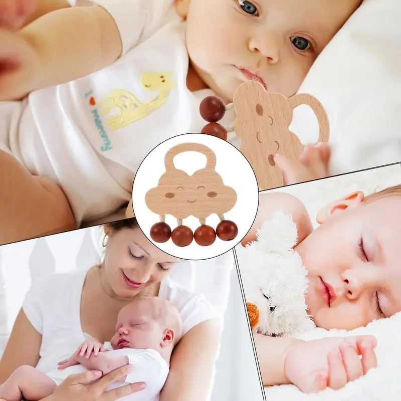 Sonajero de madera Natural para niños, campana de mano, diseño de nube, juguete mordedor de 0 a 3 meses, sonajero para masticar para niños, juguete sin pintura