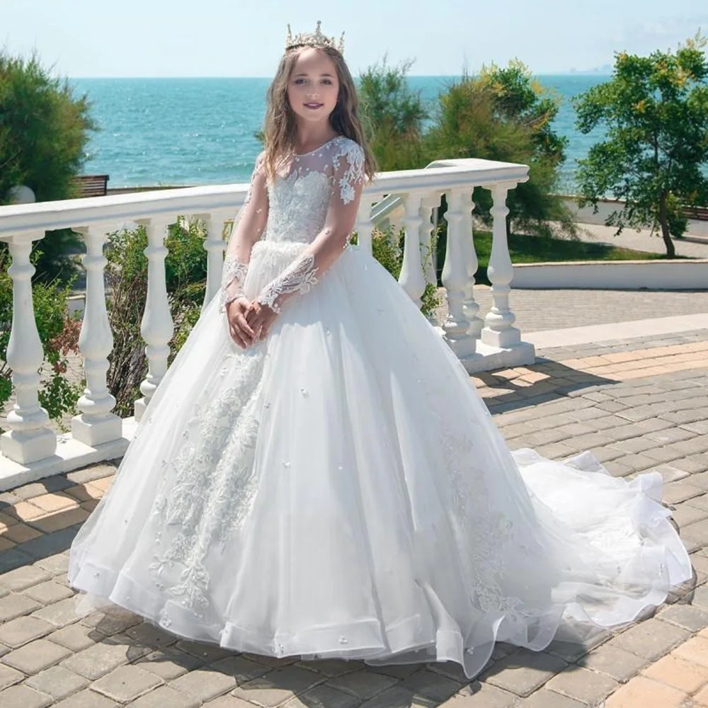 

Children's Long-sleeved Girls' Wedding Dress Fluffy Princess Lace Birthday Flower Girl Catwalk Dress A Girl's Gorgeous Dress