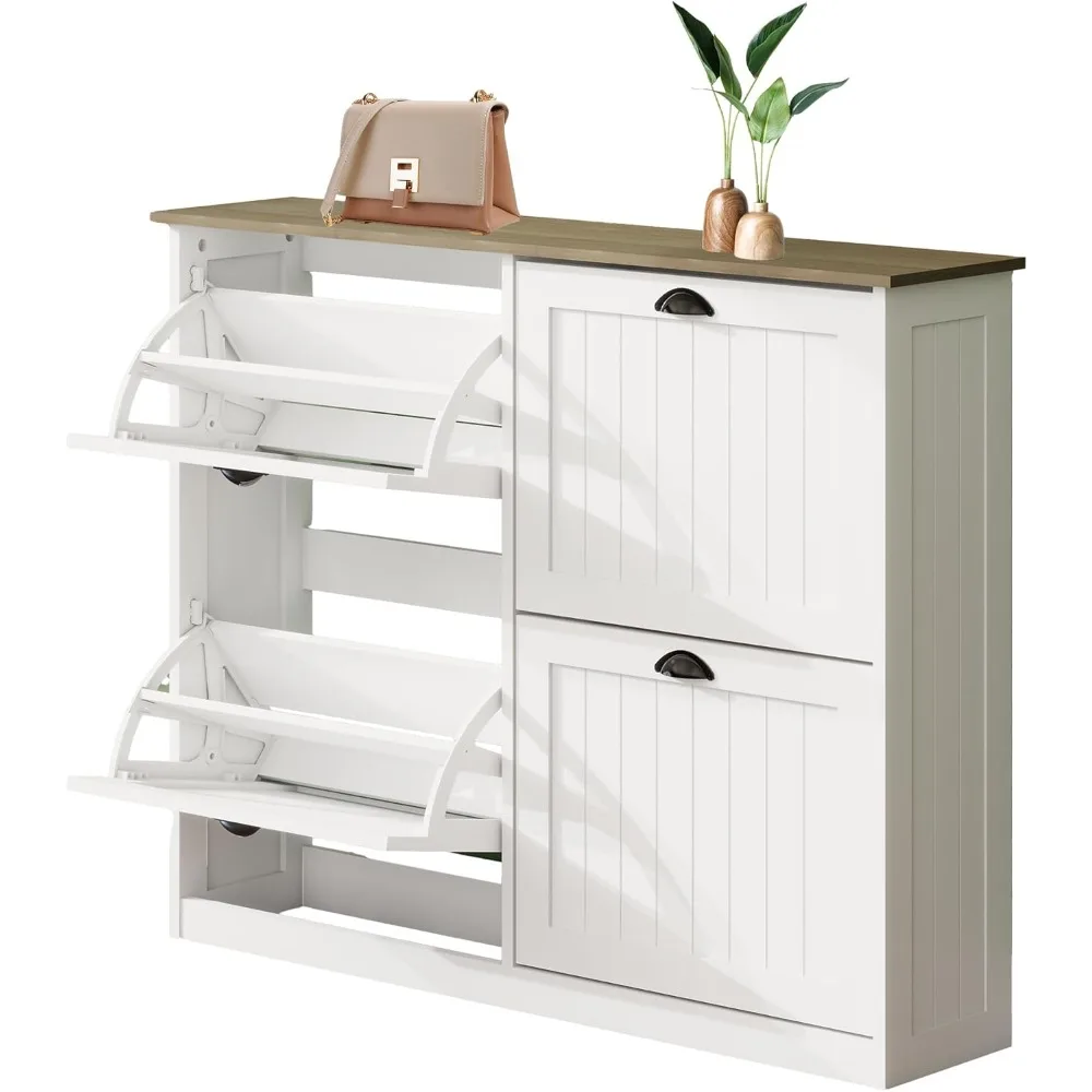 

Shoe Storage Cabinet with 4 Flip Drawers, Farmhouse Shoe Organizer with Adjustable Shelves, Freestanding Narrow Shoe Rack Cabine