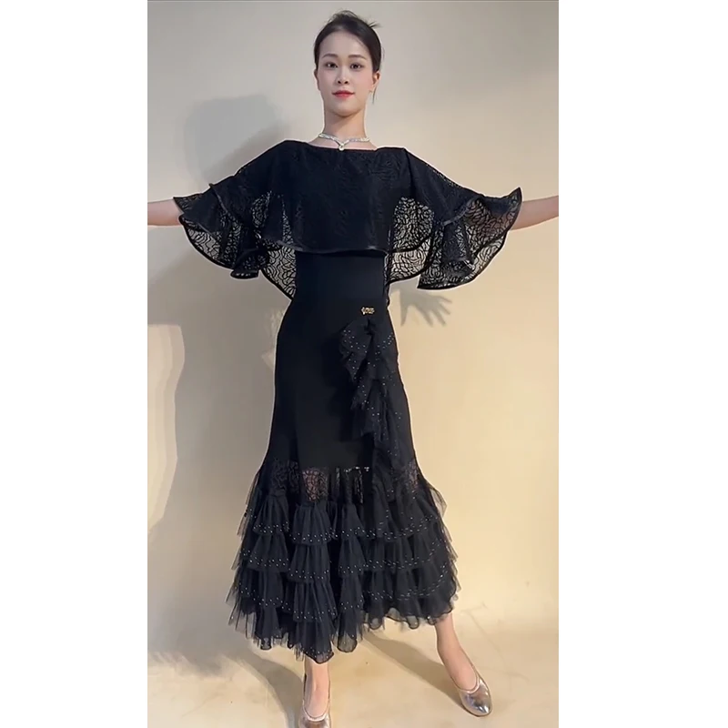 Sukienki do tańca towarzyskiego damskie 2025 czarne koronkowe topy spódnica walc trening występ sukienki damskie studniówka sukienka konkursowa