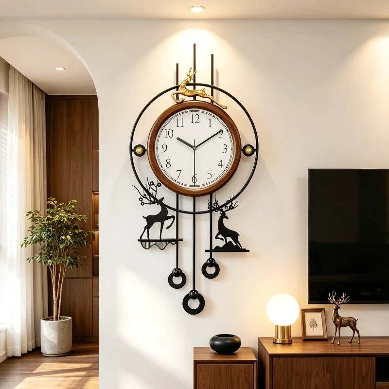 Modern Minimalist Wall Clock TV Background Deer Silent Clock Wooden Grille Decoration With Hanging Watch Home Decor Quartz Clock