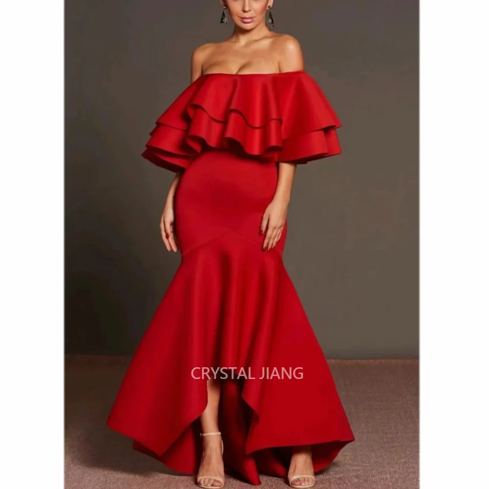 

Vintage Long Off the Shoulder Satin Evening Dresses Short Sleeves Mermaid Ruffled Ankle Length فستان سهره