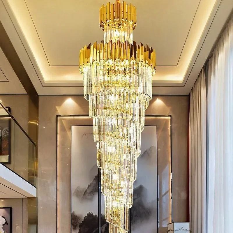 for Stair Lamp Long Chandelier Villa Duplex Living Room Large Hollow Rotating Crystal Chandelier for Middle Floor Building