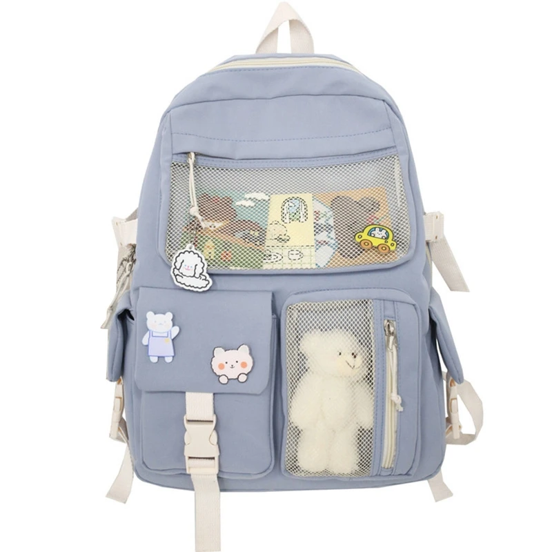 Mochila escolar de dibujos animados de estilo japonés, bolso de hombro doble con cremalleras y bolsillos para adolescentes, para