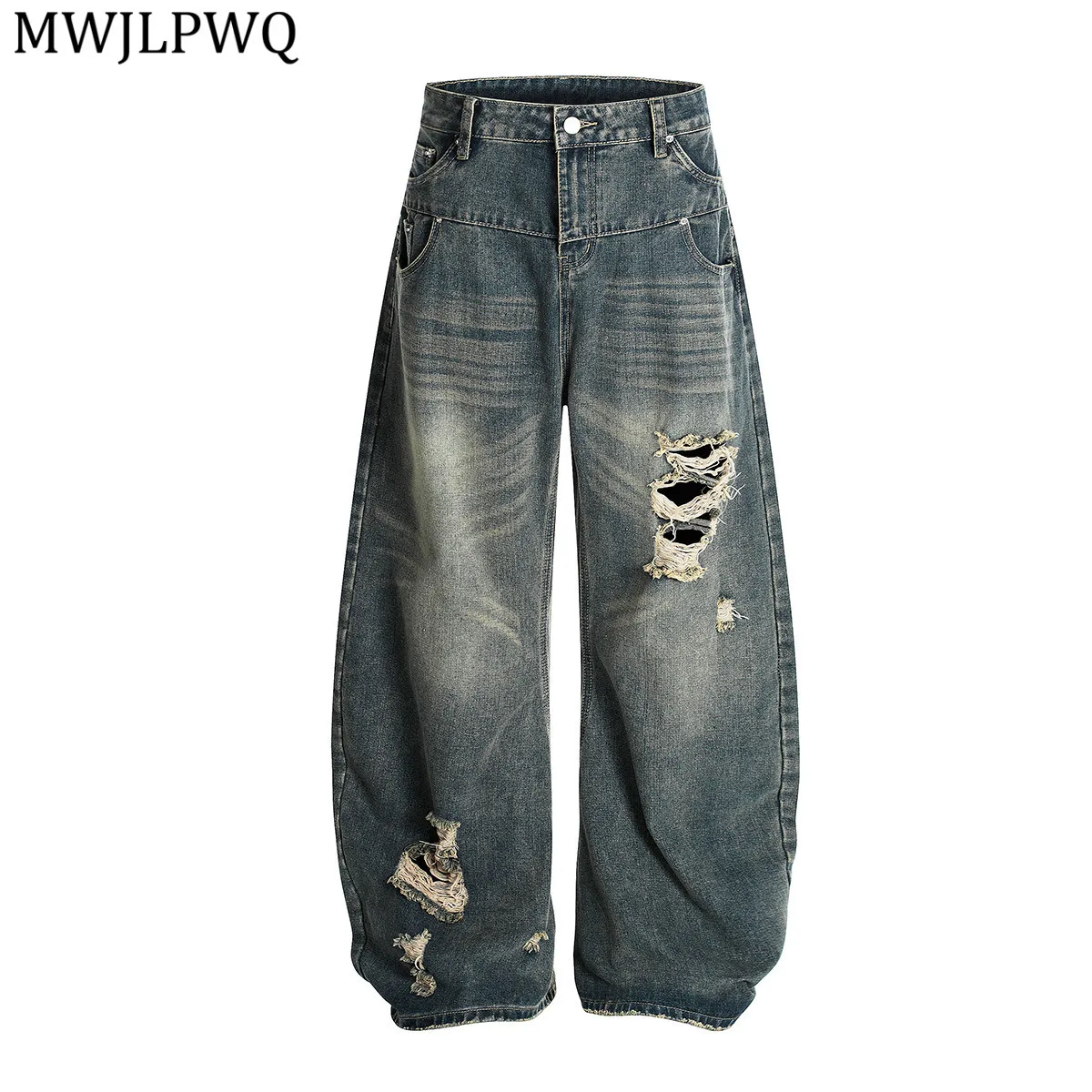

MWJLPWQ, потертые рваные джинсы в американском стиле, мужские уличные прямые широкие длинные брюки, тренд 202, осень 21019
