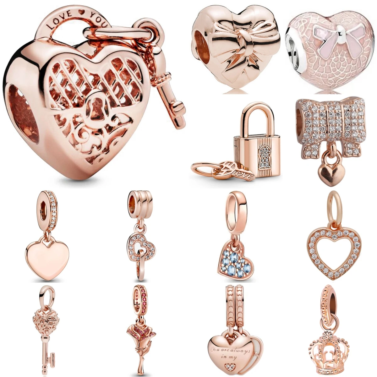 

925 Sterling Silver Trinkets Rose Gold Locks And Keys Charm Of 925 Chain Bead Fit Original Bracelet Accessories DIY Girl Jewelry
