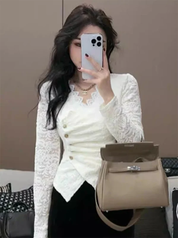 

Элегантная кружевная базовая блузка с V-образным вырезом и длинным рукавом, женская приталенная модель на флисовой подкладке, черный топ для осени-зимы, офиса и повседневной носки