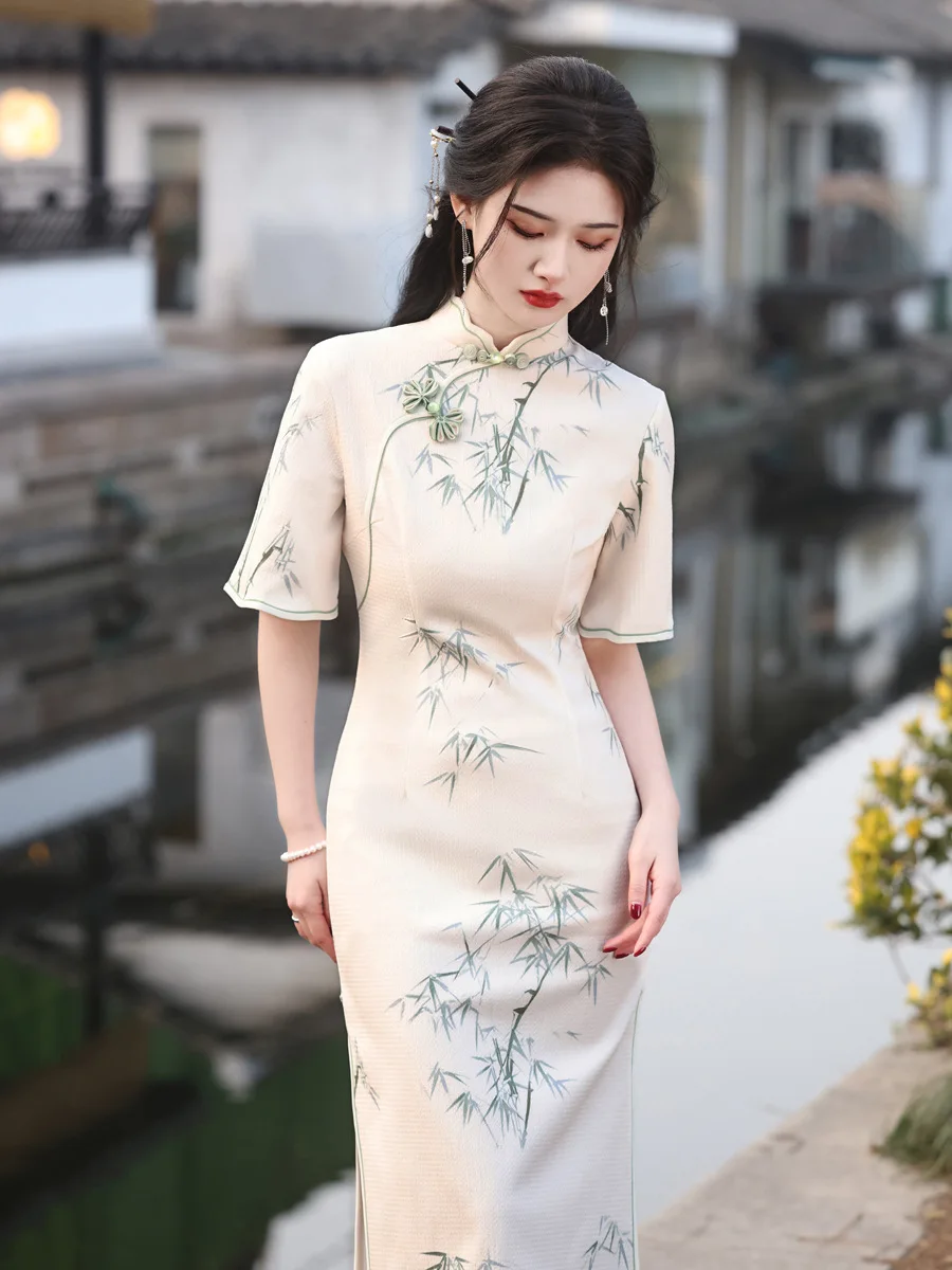 

2024 New Product Composite Chinese Style Improved Printed Girl Qipao Daily Fresh Elegant Slim Fit Qipao Women's Cheongsam Dress