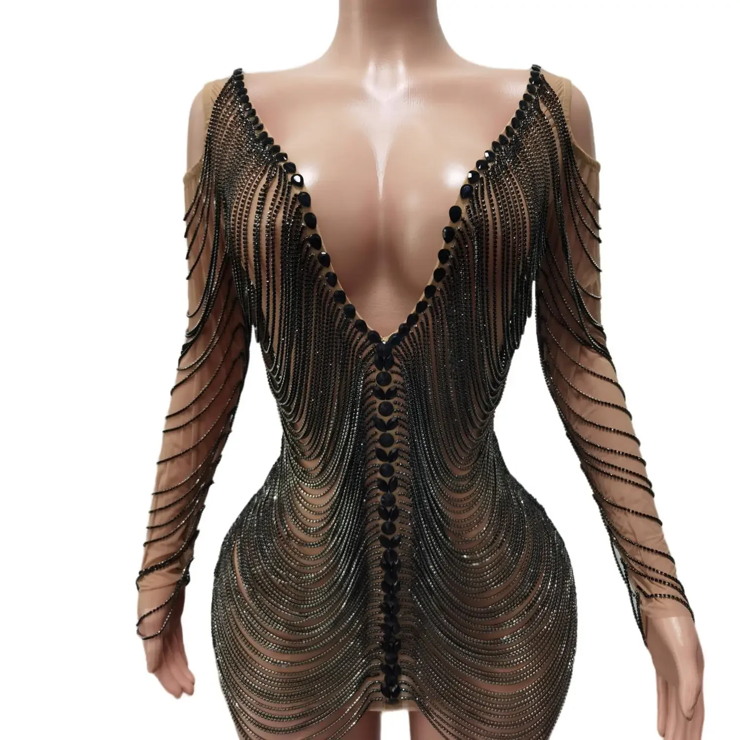 فاخر سلسلة وحيد القرن كوكتيل فستان قصير المرأة عيد ميلاد حفلة موسيقية الملكة الزي مثير العميق الخامس الرقبة التنانير ملهى ليلي أداء ارتداء