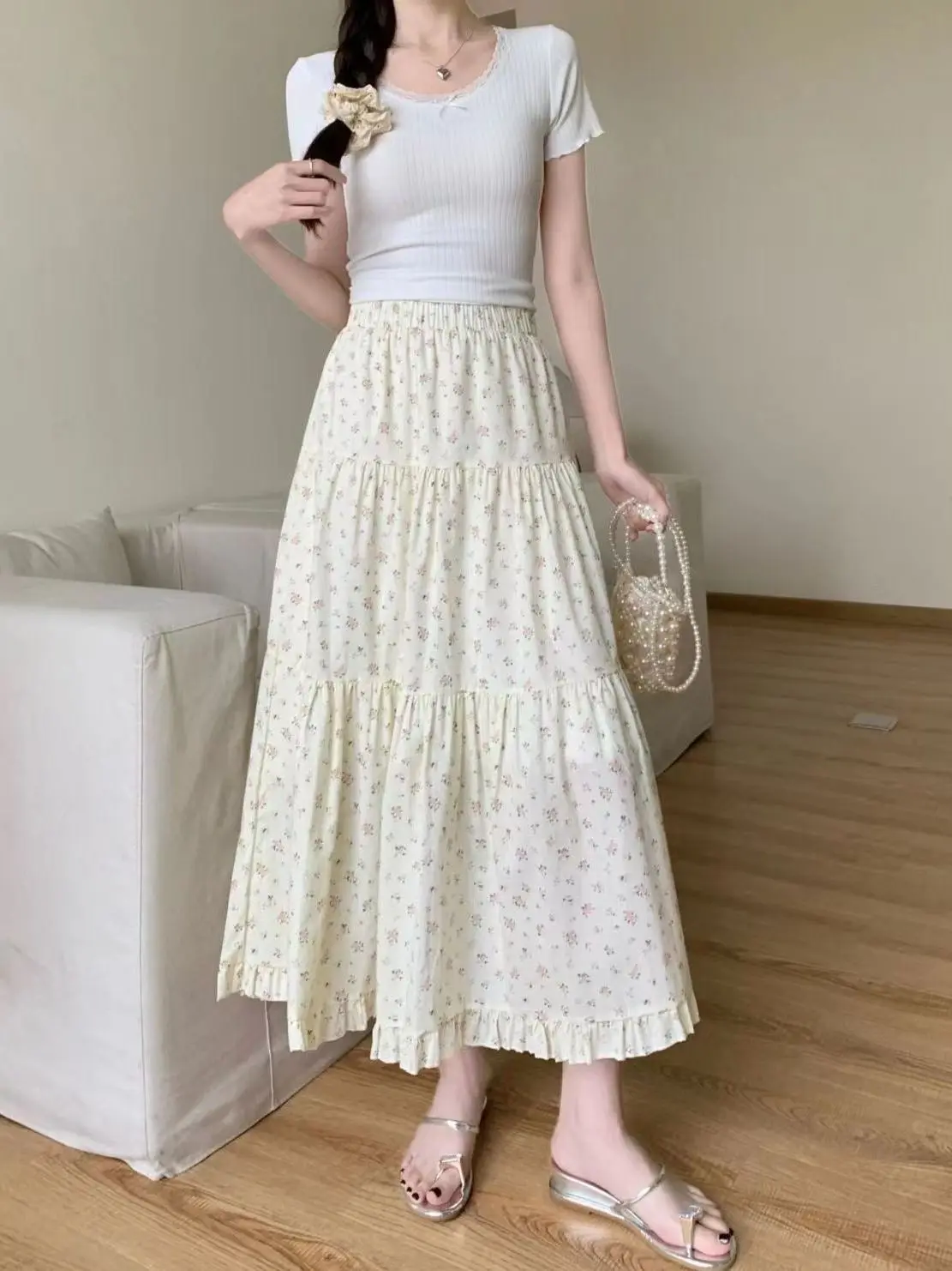 High Waist Floral Print Half Skirt with  Summer Thin Style  Versatile Wooden  Trim A-Line Skirt for Women