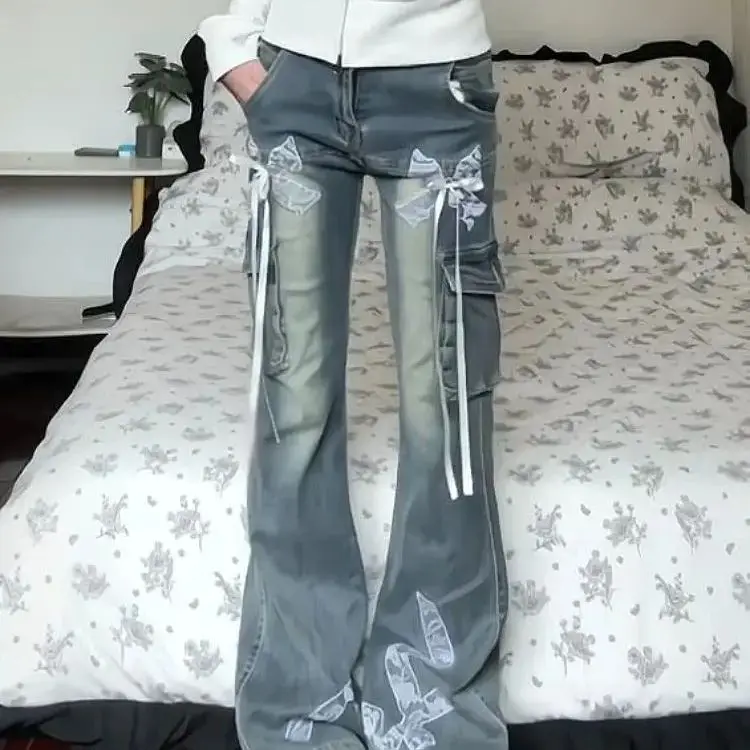 American Retro Lace Bow Jeans Women 2025 Summer New Niche Design Slim Casual Versatile Drooping Trousers