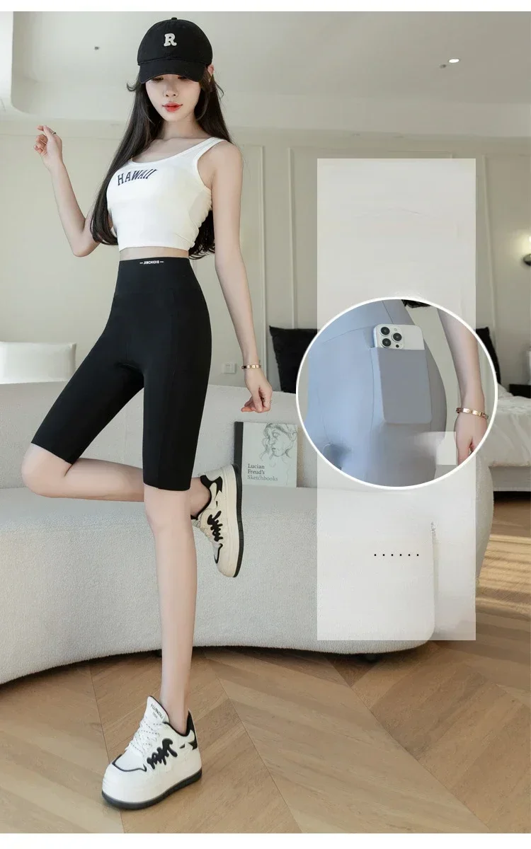 Große Leggings für Damen, Sport-Shark-Shorts mit Tasche, dehnbar, hohe Taille, Hüftlift, Workout, Laufen, schnell trocknende Gym-Shorts – Detail 3