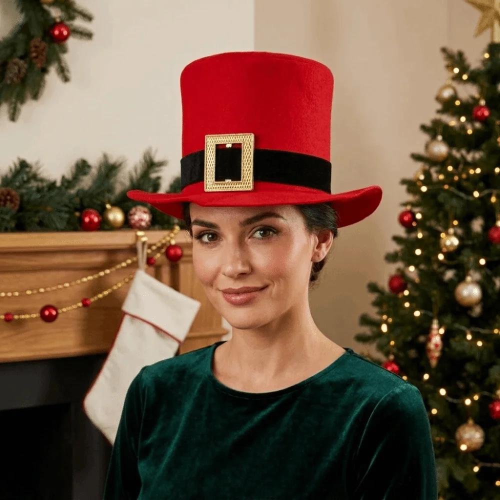 Comfortable Red Christmas Top Hat Black Belt Foldable Santa Claus Hat High Hat Gold Button Cowboy Hat Party