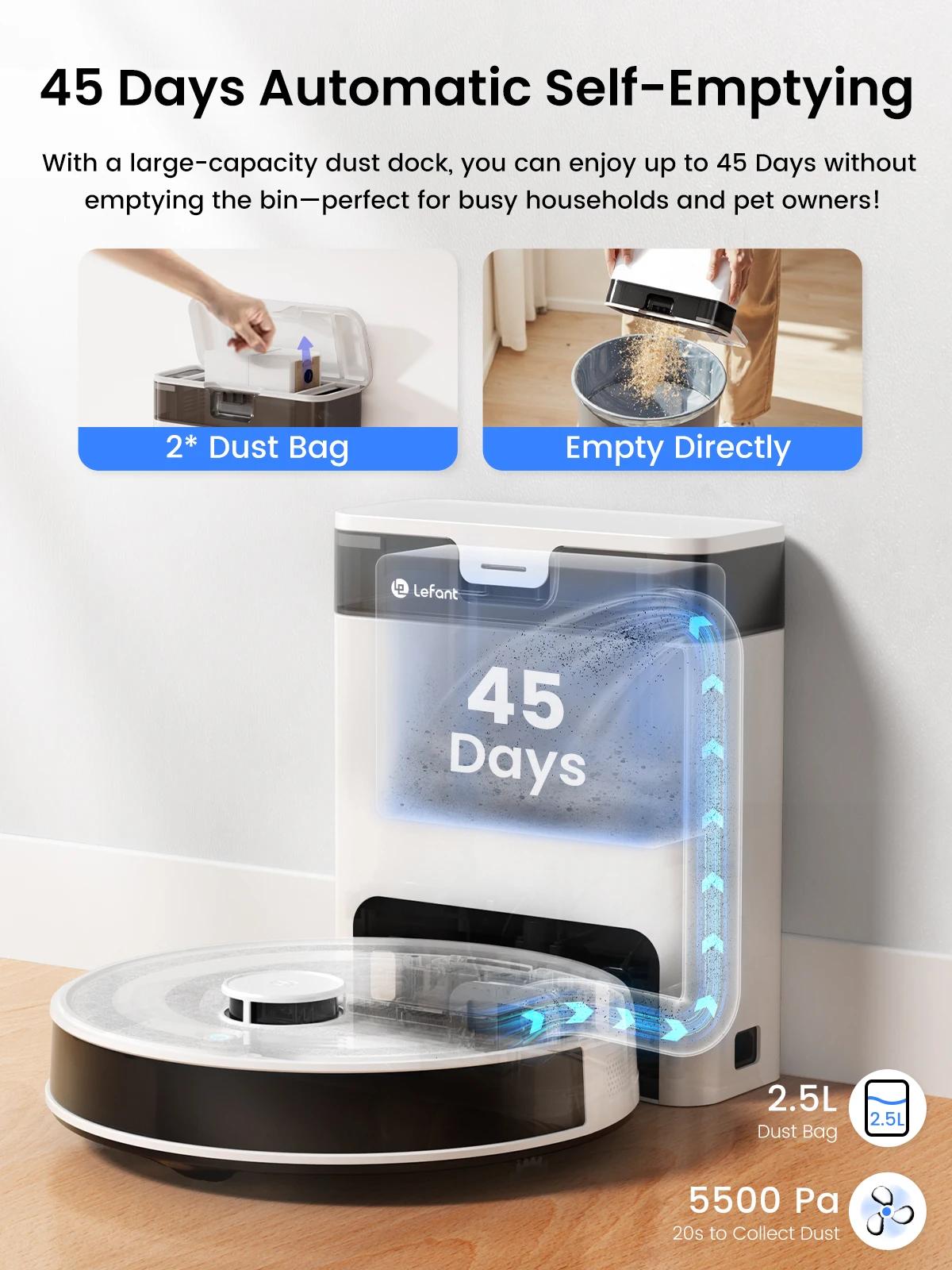 Robot Vacuum Cleaner Lefant M2 Pro dengan Fungsi Mengepel, Pengosongan Otomatis, 6000Pa, Navigasi Laser DTOF, Penghindaran Rintangan PSD, Kontrol Wi-fi/Alexa