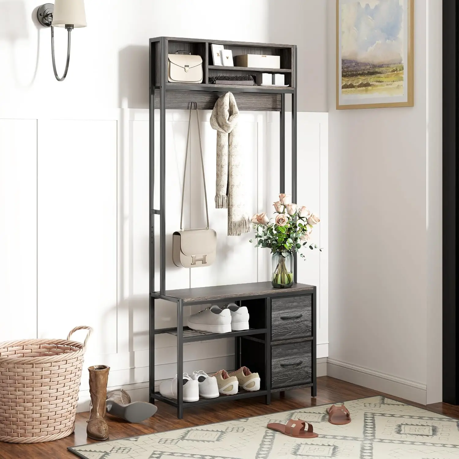 

Hall Tree with Bench and Shoe Storage, 5-in-1 Entryway Bench with Coat Rack, 3 Storage Compartments, 5 Coat Hooks,, Customized