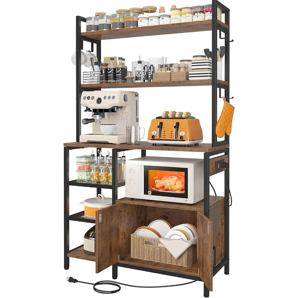 EnHomee Bakers Racks for Kitchens with Power Outlet, 6-Tier Microwave Stand with Storage Cabinet, Farmhouse Kitchen Coffee Bar