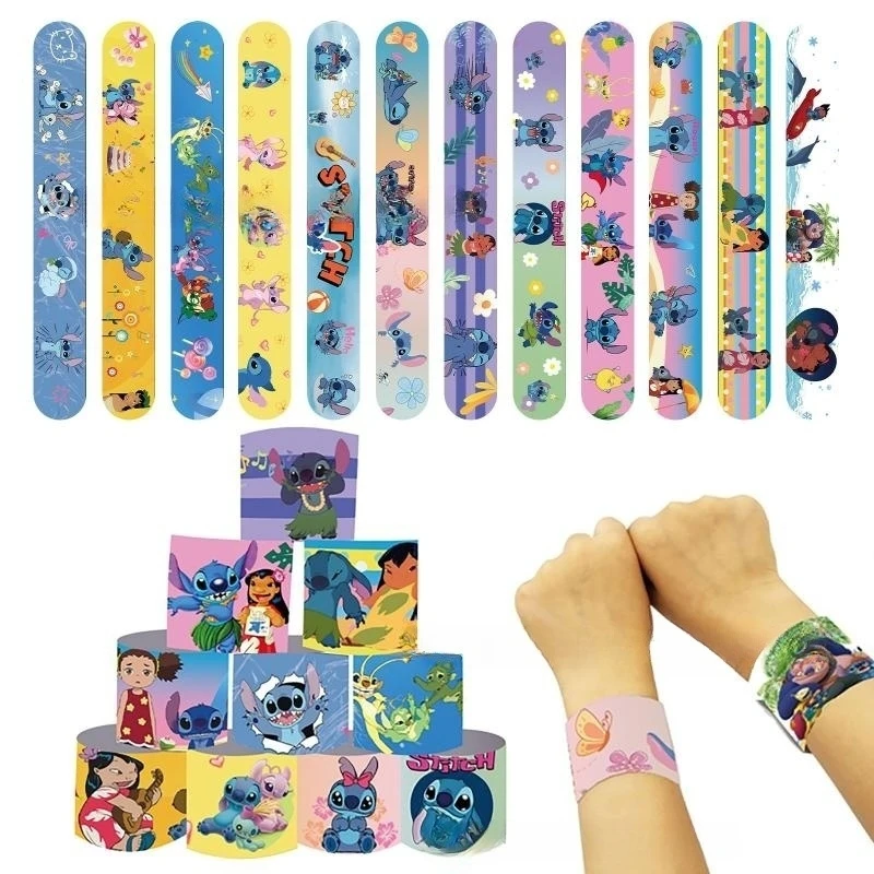 12 pezzi Disney Lilo Stitch Braccialetti schiaffo per bambini Stitch Anime Figura Braccialetti schiaffo per regali per feste di Natale Giocattoli