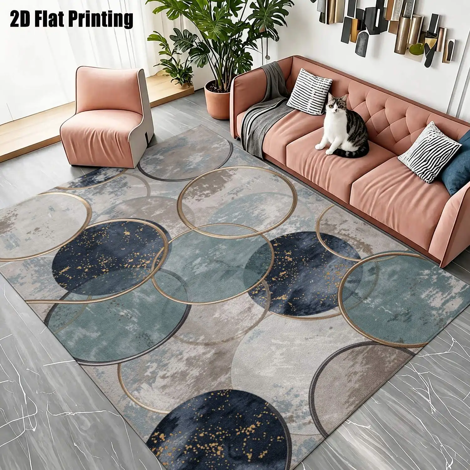 1Pc 2D Printed Pc Carpet: Blue-Grey Gold Foil Geometric Circles, Modern Minimalist Home Decor, Multi-Size, Machine Washable, for Multi-Scenarios