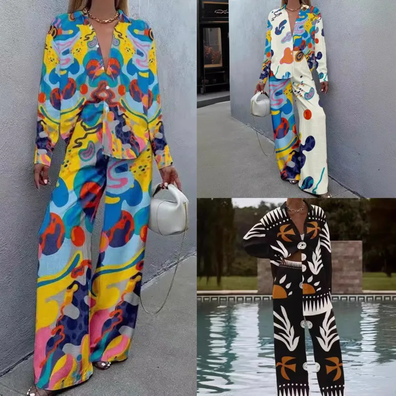 

Leisure Colored Printed Long Sleeved V Neck Women's Top Set Summer Vacation Loose Shirt Set Loose Waist Wide Leg Long Pants Set