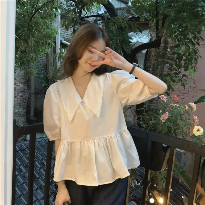 Ruffles Shirts and Blouses Korea Short Sleeve Top Women 2024 Summer Sweet Blouses Cute Elegant Solid Peter Pan Collar Clothes