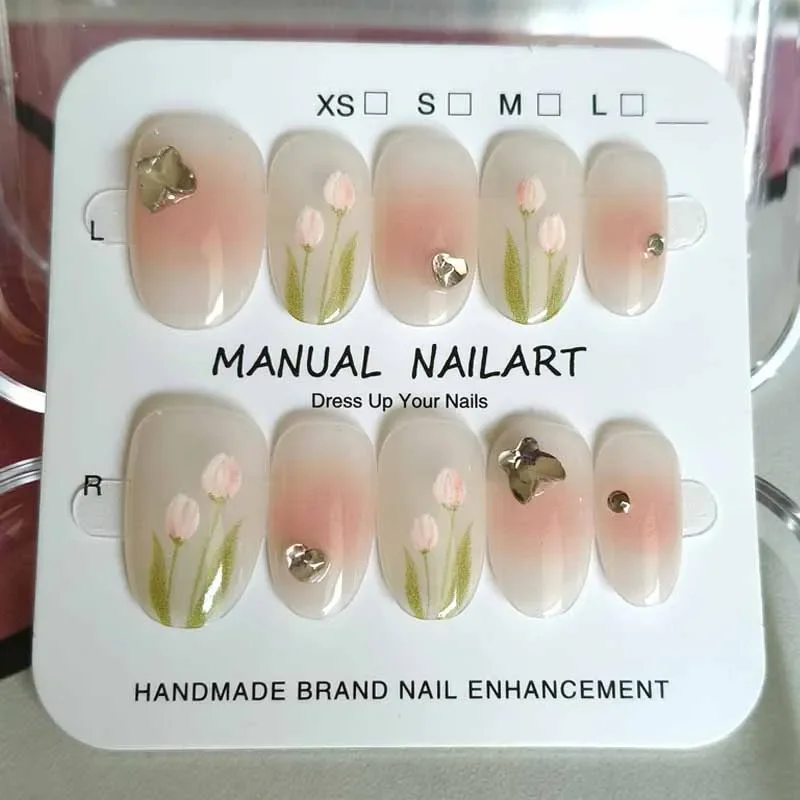 10 Stück Sommer sanfte Tulpe mit Diamant kurze ovale Nagelpflaster Blume Katzenauge Press on Nails Farbverlauf abnehmbare Nagelkunst