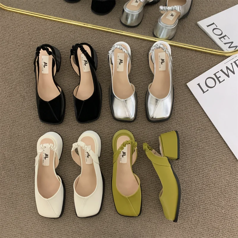 Średnie obcasy damskie French Square Head Thick Heel Spring and Autumn Single Shoes 2023 New Mary Jane Shoes Sandals Baotou Half Drag