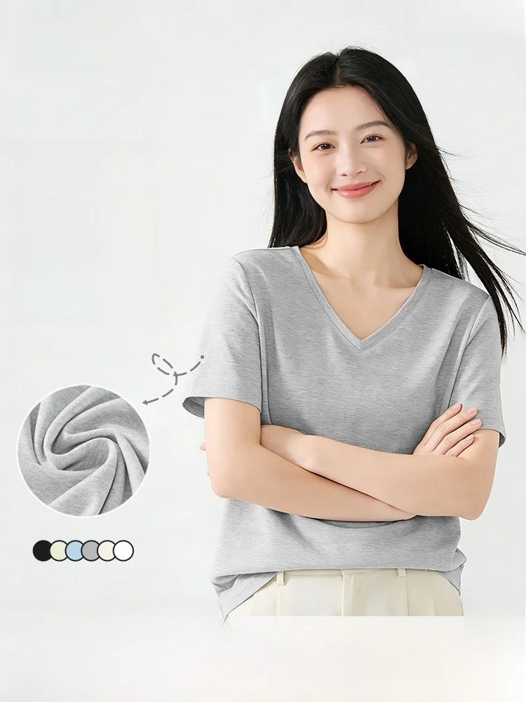 

Женская футболка Snow Mid Flying Grey с коротким рукавом и V-образным вырезом, из ледяного шелка, с охлаждающим эффектом, летняя, повседневная, свободного кроя, для дома, хлопок/полиэстер