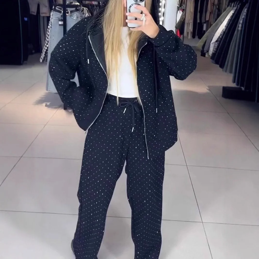 

Fashion Rhinestone Sweatshirt Outfit Casual Women Zipper Coat and Long Pants Sports Suit Autumn Long Sleeved Loose Two Piece Set