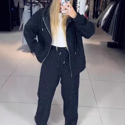 Fashion Rhinestone Sweatshirt Outfit Casual Women Zipper Coat and Long Pants Sports Suit Autumn Long Sleeved Loose Two Piece Set