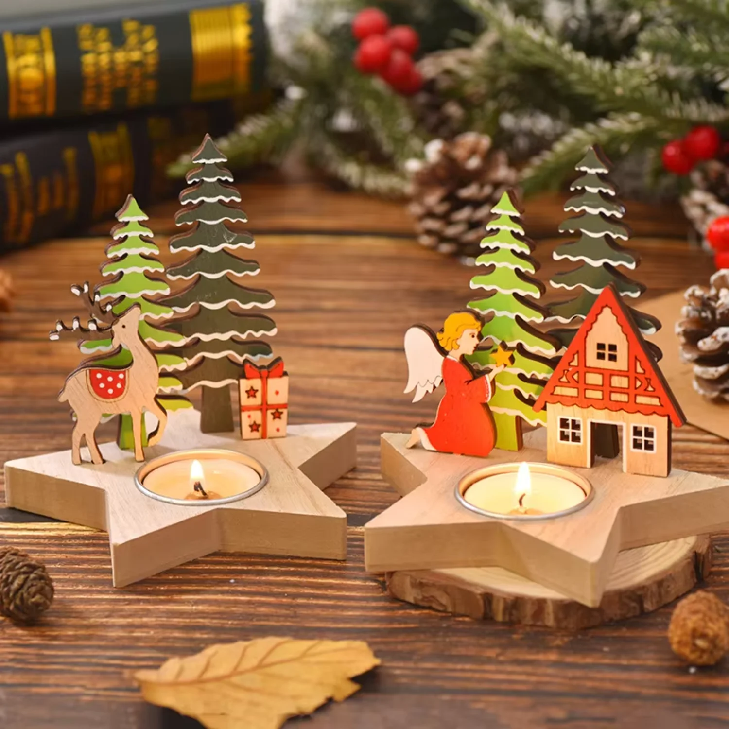 Hot selling Christmas Decoration Wooden Candle Holder for Christmas Wood Crafts for  Decoration