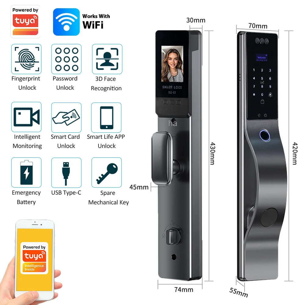 Tuya Wifi 3d Face Digital Electronic Lock Smart Door Lock Biometric Electronic Lock Security Camera IC Card Fingerprint Locks