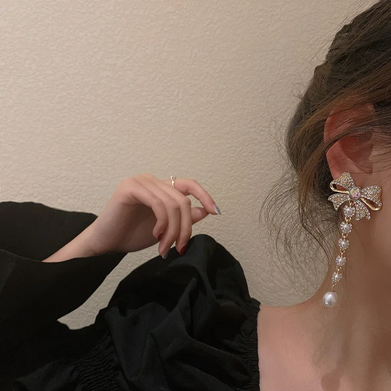 الذهب اللون أنيقة حجر الراين Bowknot إسقاط أقراط للنساء موضة شرابة طويلة تقليد اللؤلؤ Pendientes سبيكة مجوهرات هدايا #3